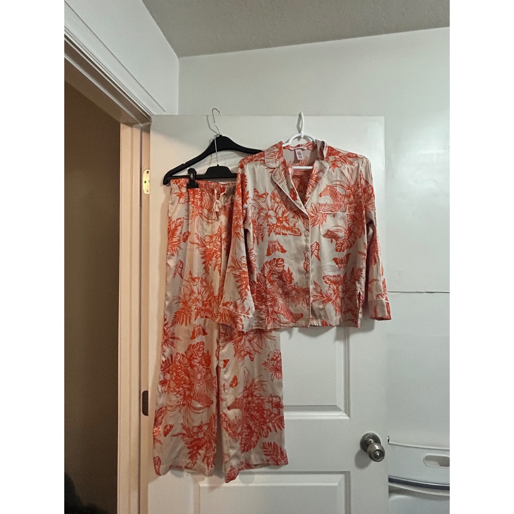 Victoria's Secret Satin Pajama Set XS Orange Zebra Tropical Floral Long Sleeve